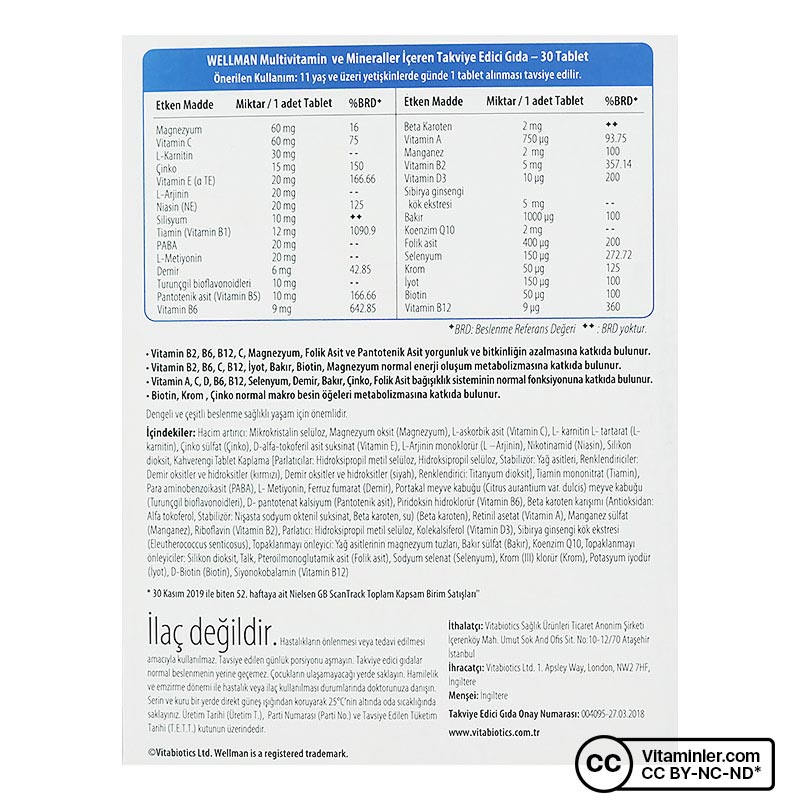 Vitabiotics Wellman Original 30 Tablet Vitaminler